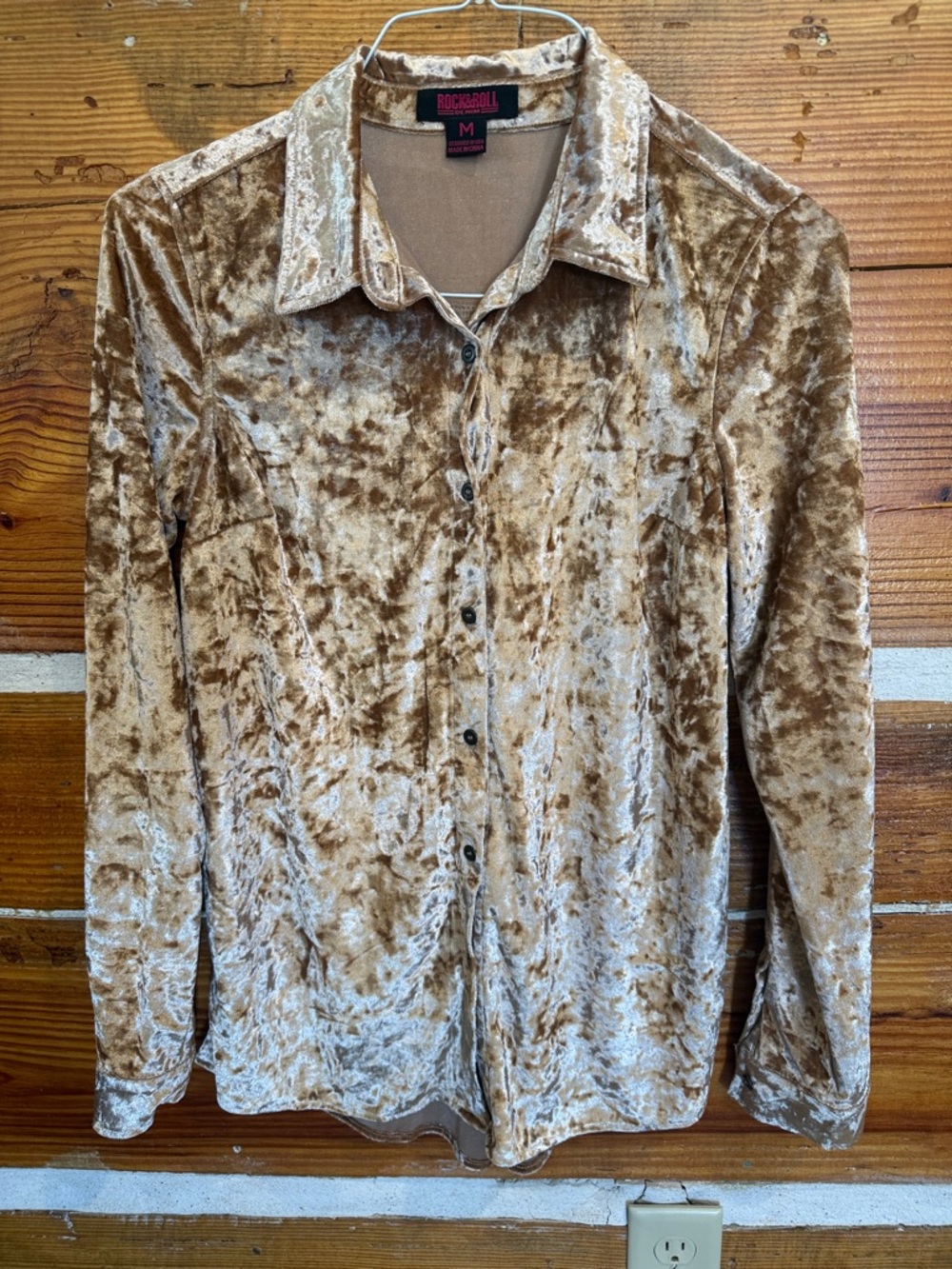 Rock & Roll Cowgirl Gold Crushed Velvet Button-Down Shirt